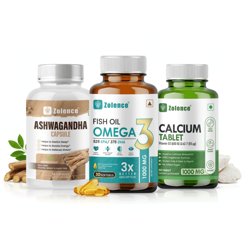 Omega 3 + Calcium + Ashwagandha Combo front